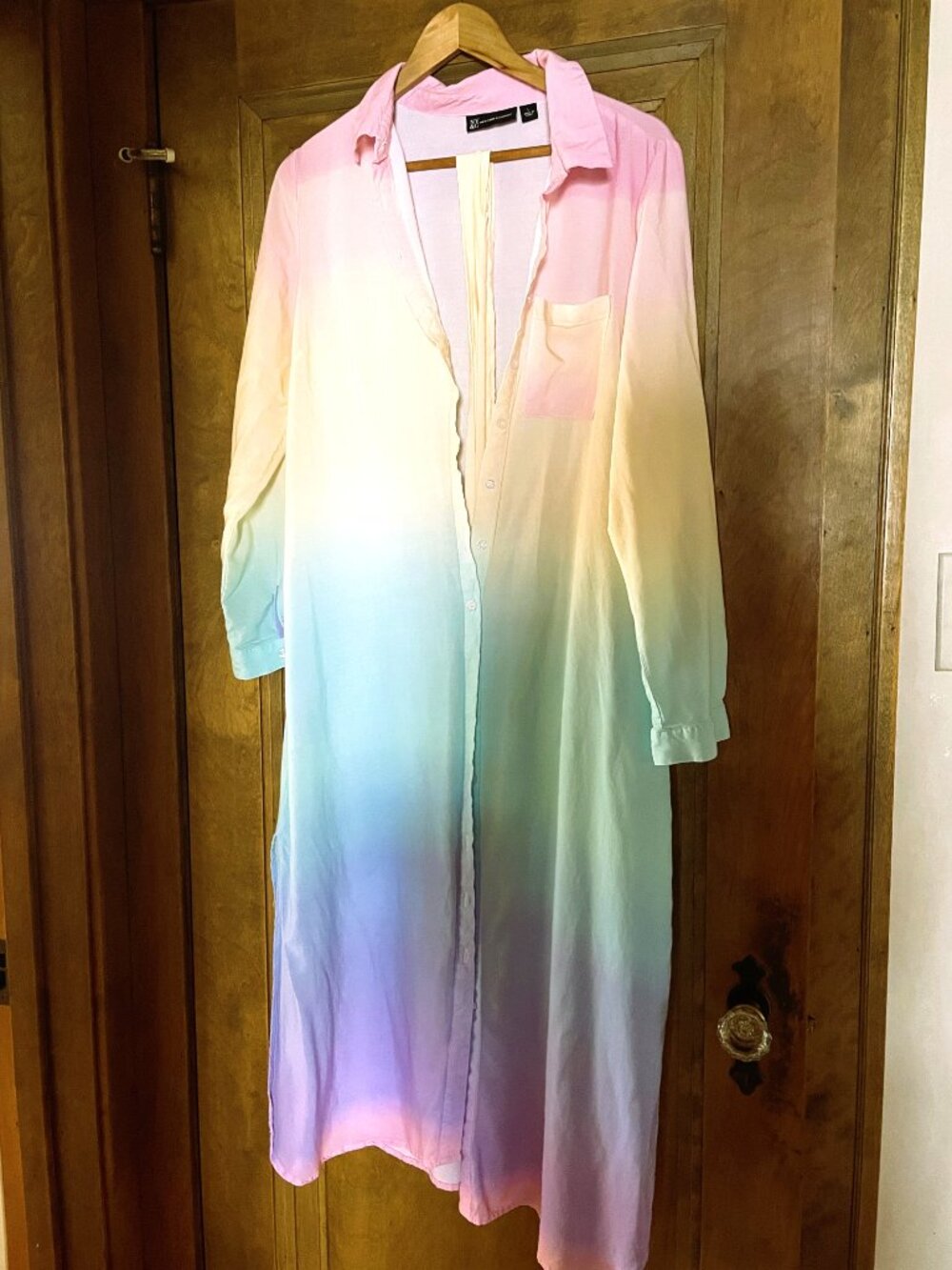 NY&CO Watercolor Pastel Rainbow Ombre Button Down Collared Dress with Tie - VTG